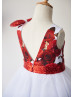 White Printed Satin Tulle Knee Length Romantic Flower Girl Dress